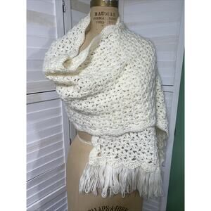 Off White Shawl Wrap Scarf HANDMADE CROCHET Fringes Rectangle